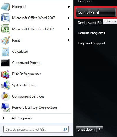 Windows 7 Start Menu, Control Panel